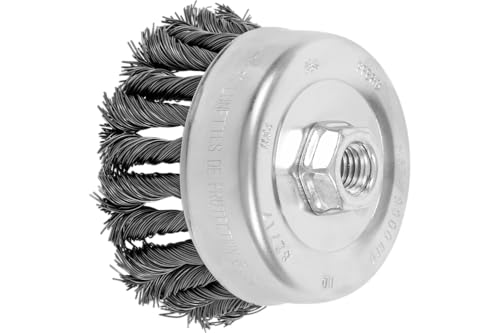 Image of Pferd COMBITWIST Power Knot Wire Cup Brush with External Nut, Threaded Hole, Carbon Steel Bristles, 4 inch Diameter, 0.023 inch Wire Size, 5 /8 inch-11 Thread, 9000 Maximum RPM, 24 Knot - Part 82717