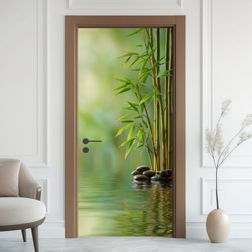Pierres De Massage Bambou Zen Poster De Porte Trompe L'oeil, Ondulation Lac Auto-Adhésif Sticker Mural Porte, pour Chambre SalonStyle Chinois Oriental...