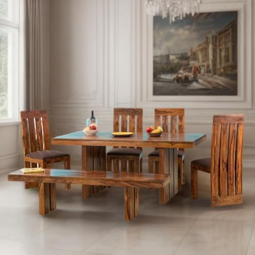 Image of Sheesham Wood Dining Table with 4 Chairs,1Bench | 6 Seater Dining Set | Dining Room Furniture |1 Year Warranty | Honey Finish -DIY Do-It-Yourself