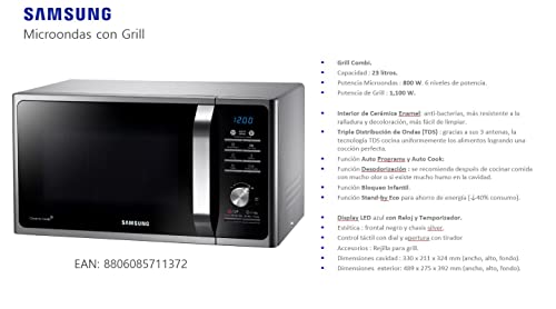 SAMSUNG-MG23F301TAKEC-Microondas-con-Grill-23-Litros-de-Capacidad-Potencia-800W1100-W-Interior-Ceramico-Enamel-Sistema-de-Ondas-TDS-Color-Negro-An-x-Al-x-Prof-490-x-275-x-392-mm