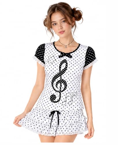 Erqiroc Women’s Kawaii Polka Dot Lace Top with Bow Tie, Music Note Print Short Sleeve Shirt, Harajuku Y2K Lolita Style (White,One Size)