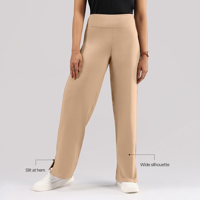 Image of BlissClub AM:PM Cotton Wide Leg Pants - Lite, Cotton Pants, Wide Waistband, Slit at Hem, Side Pockets, Regular (for Women Upto 5'4 ft)