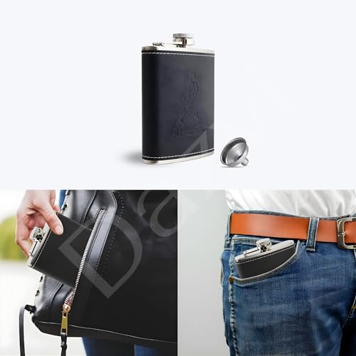Image of Stainless Steel Hip Flask for Men & Women 8oz (236ml) - Whisky Flask Vodka Alcoholic Liquor Holder with Funnel Drinks Pocket Carrying Case - Leakproof Travel Flasks for Drinks, (Black JW)