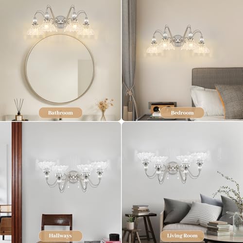 Image of Brushed Nickel Bathroom Vanity Light, 4-Light Nickel Finish Wall Sconce with Hanging Crystal Accents and Flower-Shaped Clear Glass Shades, Modern Wall Mount Vanity Light Over Mirror for Bathroom