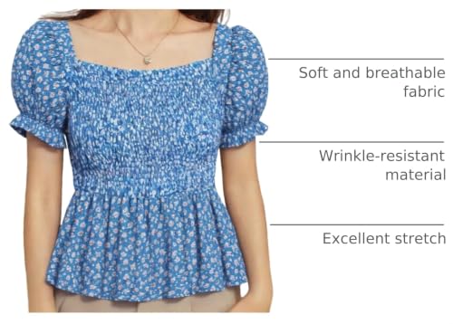 Image of Seechoslo 2025 Tween Girls' Cute Short Sleeve Square Neck Smocked Elastic Short Sleeve Woven Shirt Top