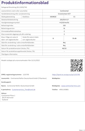 Continental - Crosscontact H/T - 225/65 R 17-102H/C/C/70Db - Tutte Le Stagioni - 6