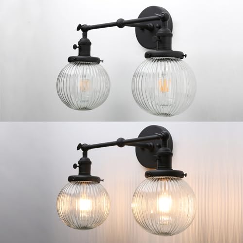 Image of PERMO 2 Lights Sconce Industrial Wall Sconce Lighting with Ribbed Globe Glass Lampshade Vintage Double Sconce Hardwired Wall Sconce with Switch
