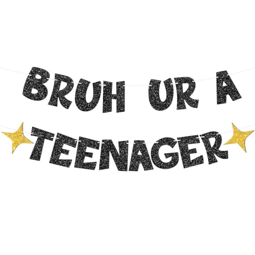 JNXCYQ Glitter Bruh UR A Teenager Banner-Happy 13th Birthday Decorations for Boys Girls 13th Birthday Banner Decor for 13 Year Old Boy Birthday Decorations Party Supplies (Black Gold)