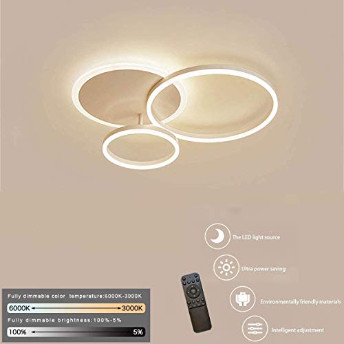 Lámpara de techo LED, diseño moderno, con anillo, mando a distancia, regulable, aluminio, acrílico, iluminación para habitación infantil, comedor, dormitorio, cuarto de baño, aluminio, Blanco, 3-ring Cover