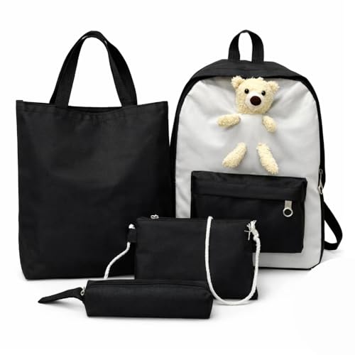 Kit Mochila Ursinho 4 Em 1 Multifuncional Maternidade Impermeavel Resistente Necessaire Estojo Bolsa De Mão Estudo Casual Rosa, Preta, Verde ou Lilás DUPIN (PRETA)