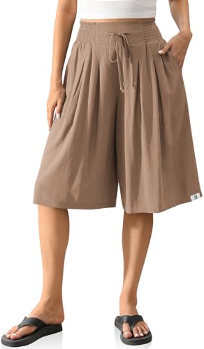 TARSE Women Linen Shorts High Waist Pleated Wide Leg Shorts Loose Fit Casual Summer Culottes Knee Length Pants, Mid Coffee, Large