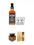  Jack Daniels Black Label No. 7-0,7 Liter + 2 x Jack Daniels Gläser + Kentucky Bourbon Himbeer-Marmelade 150 Gramm Glas + 1a Whisky Holzbox für 2 Flaschen mit Schiebedeckel