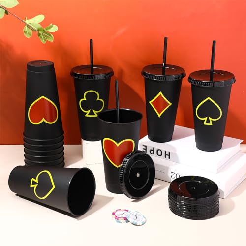 Funnymoom 12 Pcs Casino Party Favor Cups Poker 24 oz Plastic Reusable Cute Cups with Lids and Straws Cold Travel Mug Tumblers Water Bottle for Dice Vegas Casino Game Night Party Supplies by Funnymoom - Used condition - Image 6