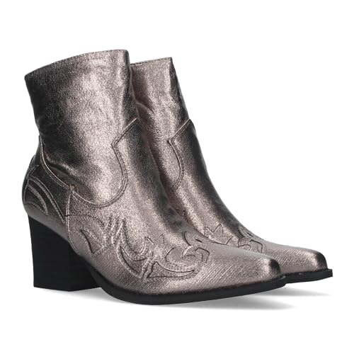 79471 Botines Camperos para Mujer de Tacon Medio con Adorno Estilo Cowboy en la Puntera y en el Talon y Cierre de Cremallera Gris Talla 40
