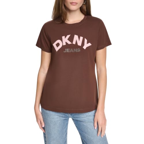 Image of DKNY Women's Arched DKNY Jeans Puff Rhinestone Logo Crew Neck Tee, Chesnut / Blush Pink, XS