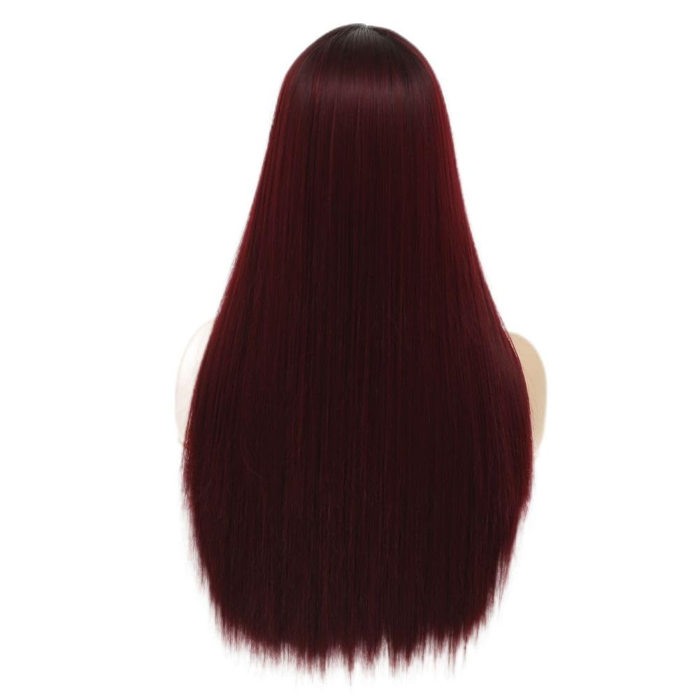 Red Long Straight Wigs for Women Dark Roots Burgundy Wig Halloween Daily Synthetic Hair Wig