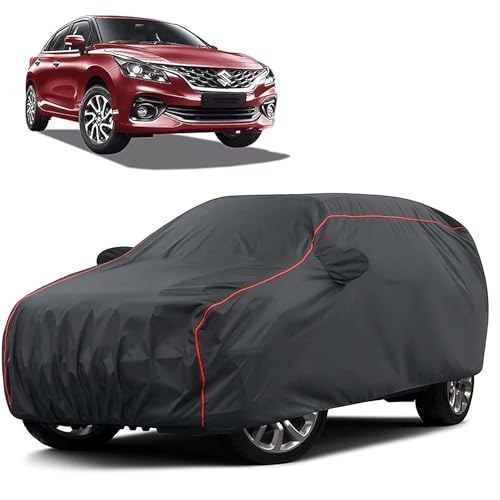 Image of Sulfar 100% Water Resistant Car Body Cover Compatible with Mirror for Maruti Suzuki Baleno (Triple Stitched, Full Bottom Elastic, Dark Grey Taffeta with Red Piping)