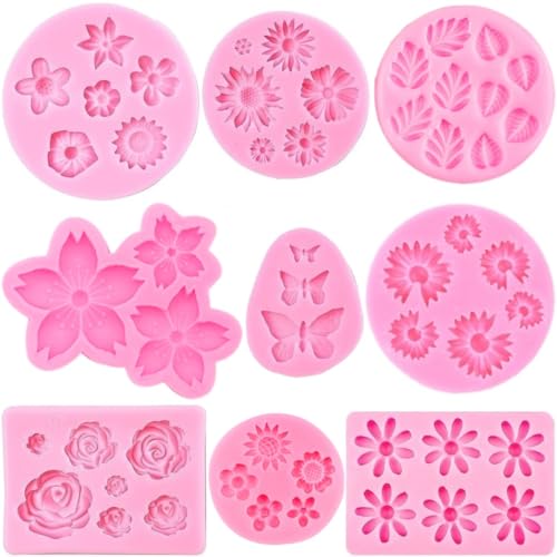 Flower Silicone Molds 9pcs Rose Leaf Daisy Sunflower Chrysanthemum Small Flowers Fondant Molds Polymer Clay Mould Candy Chocolate Molds for Cupcake Cake Pop Puck Decoration DIY Crafts