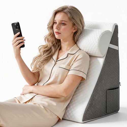ChaneeHann Oreiller Anti Reflux Orthopédique 3-en-1, Coussin Triangulaire 50x50x26 cm, en Mousse Haute Résilience, Housse Jersey, Gris-Blanc, pour Un Sommeil Réparateur et Anti-Reflux