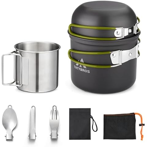 Camping Cookware Kit Backpacking, 0.33Gal Pots and 0.17Gal Pans Set,0.08Gal SUS304 Cup, Forks Knives Spoons for Hiking,Camping,Outdoor Cooking,Picnic,Solo Camping cookware Cover