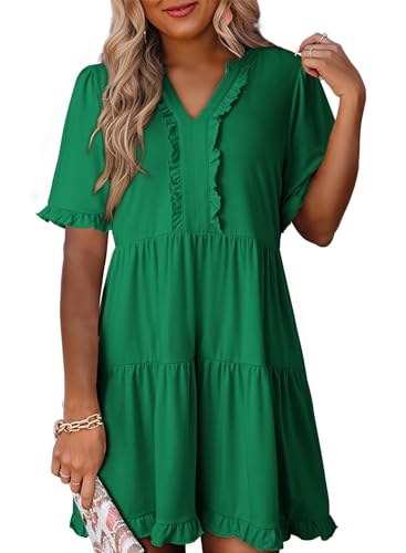 Dokotoo Womens Summer Dresses for Women Short Sleeve V Neck Casual Eleagnt Cute Wedding Guest A Line Dresses Plus Size Babydoll Swing Graduation Mini Skater Dress Dark Green Dress XL