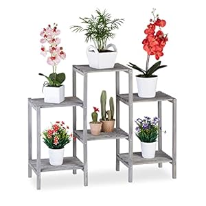 Relaxdays Bloementrap hout, Shabby Chic, interieur, woonkamer, plantenrek, 6 planken, HBT 70 x 89 x 27 cm, grijs