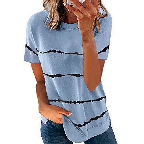 Eryue 2021 Spring and Summer Euro an and American Women's Clothing Cross-bo er Foreign Trade Amazon hot s le tie-dye Printing STRI d Loose Short-Sleeved T-Shirt Women Short Sleeve-bla M offers donot miss