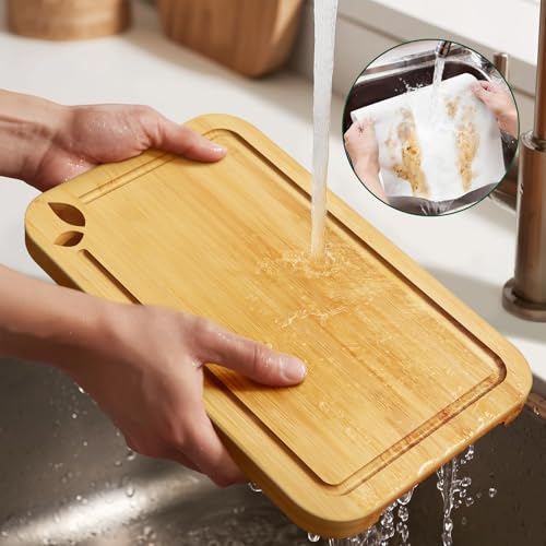 Juego de tablas para cortar de bambú con soporte y ranura para jugos miniatura 6