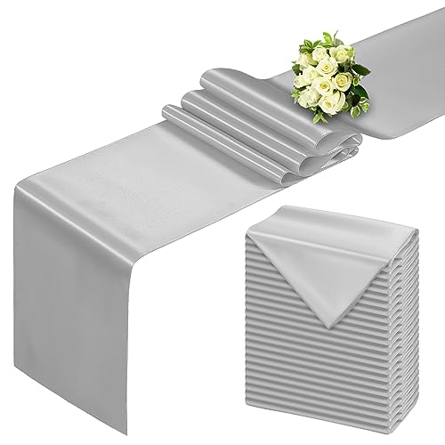 BDDC Runner da tavola color argento, 30 x 274 cm, confezione da 24 runner da tavola in raso, liscio per feste, matrimoni, banchetti di compleanno
