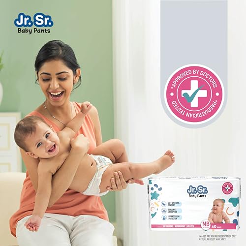 Image of Jr. Sr. Baby Diaper Pants | Newborn /Extra Small (NB /XS) Size (0-5 kg), 40 Count | Pack of 1 | Upto 12 hr Absorption with Advanced Leak Protection | Safe For Babies Skin | Soft, Secure & Comfy