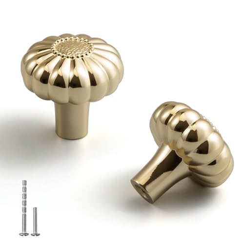 Image of YAGU 10 Pack Sunflower Polished Brass Kitchen Cabinet Knobs 1-1 /5 Inch Round Dresser Drawer Knob Bright Gold Furniture Hardware Shiny Brass Pulls for Closet Cupboard Wardrobe