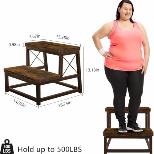 Image of 82984 Heavy Duty Wooden Step Stool for Adults, 2 Tier Heavy Duty Step Stool for High Bed with Non-Slip Feet, Using for Bedroom, Living Room, Bathroom and Kitchen (Brown)