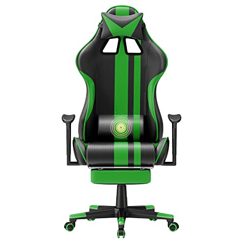 HLONONE Gaming Stuhl Mit Massage – Ergonomischer Gamer Sessel Mit Fußstütze, Verstellbar 90°-135°, 150 Kg Belastbar, Schwarz-grün