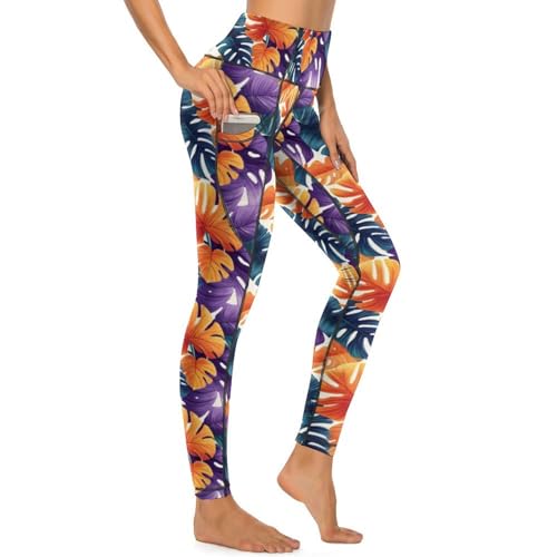 Pantalon de yoga avec poches Novastar : legging imprimé feuilles pour femme