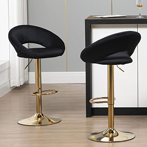 Nordicana Modern Adjustable Height Counter Bar Stools Set Of 2, Black Velvet Upholstered Swivel Barstools, Kitchen Island Dining Chairs, Gold Metal Base #TOP17