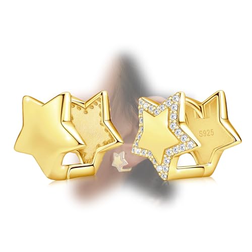 Gold Star Hoop Earrings for Teen Girls Women - Sterling Silver Double Sided Earrings Hypoallergenic Cubic Zirconia Star Earrings Double Star Loop Earrings Fashion Women's Earrings Gifts for Christmas