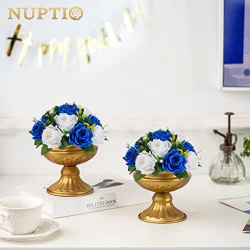 NUPTIO Artificial Flower Ball Centrepieces: 2 Pcs Royal Blue & White Fake Flowers Roses Balls 24cm Diameter for Centerpiece Faux Silk Rose Arrangements for Wedding Reception Party Table Decorations - Image 4