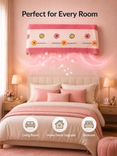 Image of Premium Cotton Net Split AC Cover for 1.5 Ton Indoor Unit | Designer Summer AC Dust Protection Cover | Stylish Protective AC Cover | 38 x 15.35 x 7.8 In | Pink Flower