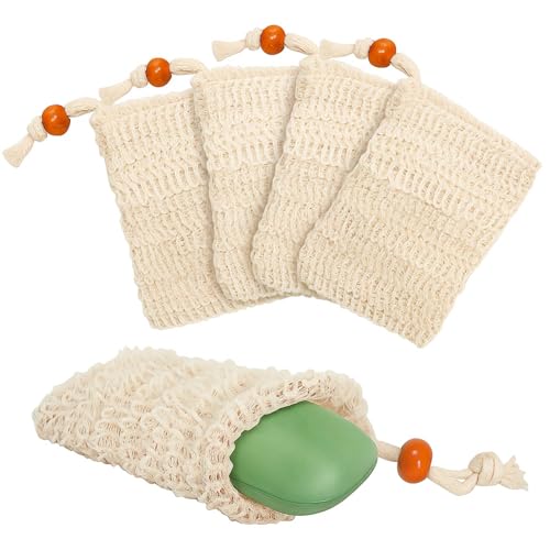 4 PCS Bolsas para Jabón Sólido, Natural Sacos de Jabón, Fundas Exfoliantes Reutilizables para Champú Sólido, Perfectas para Viajes y Uso Diario(Tamaño 14x9 cm)
