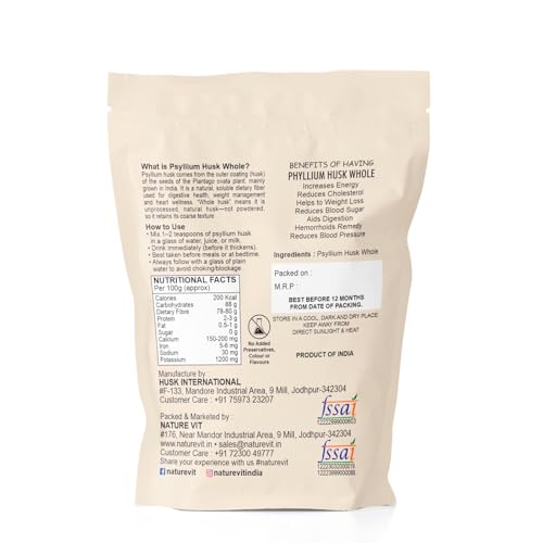 Image of NatureVit Psyllium Whole Husk, 400g [Sat Isabgol] [Fiber Supplement, Perfect for Keto Bread and Gluten Free Baking]