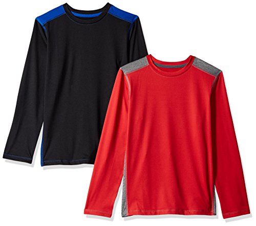 Amazon Essentials Toddler Boys Active Performance Long-Sleeve T-Shirts, 2-Pack Black/Red Colorblock, 3T