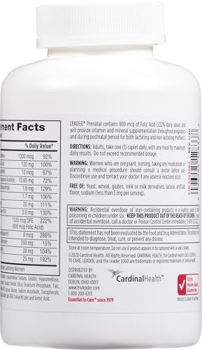 Image of Leader Prenatal Multivitamin with 800Mcg Folic Acid & Essential Nutrients for Healthy Pregnancy & Fetal Development, Dha, High Potency Vitamin for Expecting Moms, Daily Support, 365 Caplets