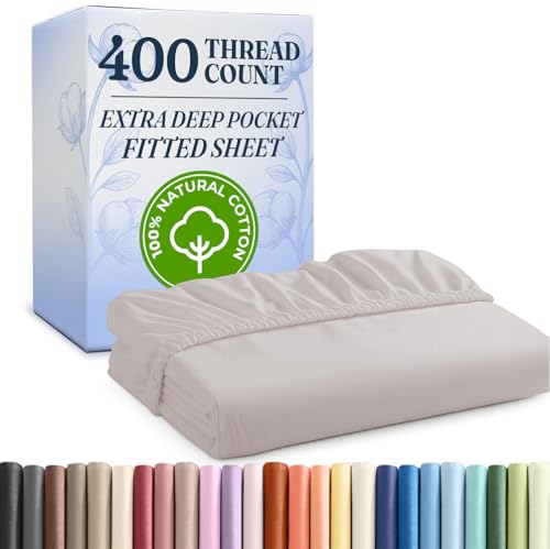 Queen 400 Thread Count Cotton Fitted Sheet - Hotel Quality 100% Cotton - Soft & Wrinkle Free - Deep Pockets - Fits Mattress Perfectly w/No Pop-Off Elastic - One Fitted Bottom Sheet Only - Light Grey
