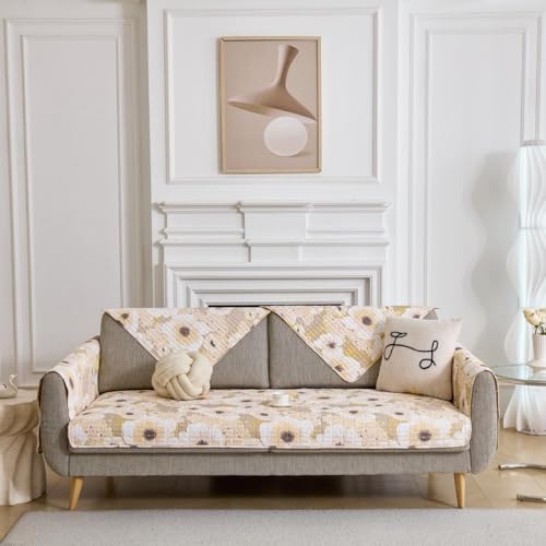 Image of HOMETHREADS Anti-Skid Sofa Protector Mat: Premium Printed Cotton Slipcover with Strong PVC Non-Slip Backing, (White Yellow, 2Pc Armrest Mat | 50x75cm)