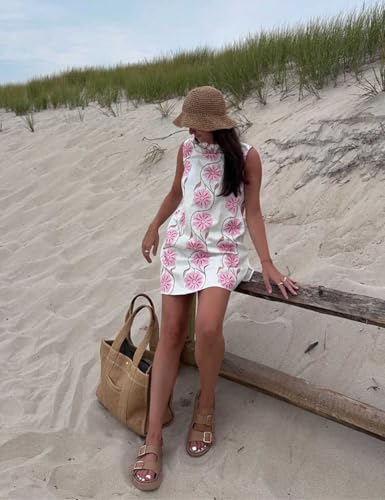 Womens Floral Print Summer Sleeveless Vacation Mini Dress Casual Flower Crew Neck Romantic Short Tank Dresses4