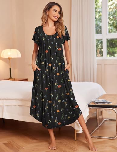 Image of Ekouaer Long Nightgowns for Women with Pockets Short Sleeves Moo Moos for Women Casual Maxi Dress House Dresses S-XXXL