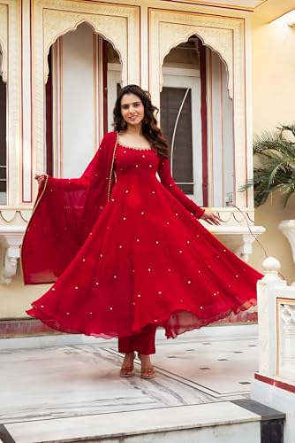 Premium Red Faux Georgette Anarkali Suit Set with Handwork & Real Diamond, 4.5m Flair, Dupatta & Pant – Stitched2