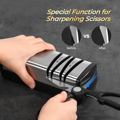 Narcissus Knife Sharpener, Diamond Abrasives Electric Knife Sharpener for Stainless Steel and Ceramic Knives, with Scissors Sharpener & Metal Dust Collection Box, Quick Sharpening & Polishing, Silver - Thumbnail 6