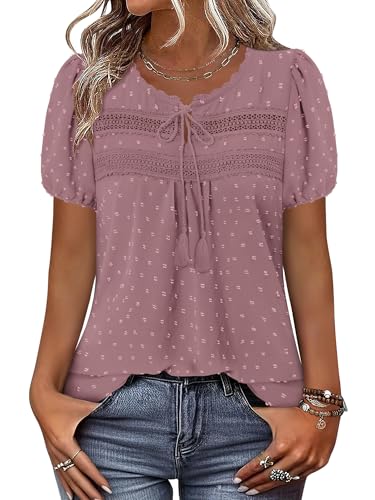 BETTE BOUTIK Plus Size Womens Boho Tops Summer Short Sleeve Flowy Dressy Casual Blouses Fashion Peasant Western Shirts Chiffon Swiss Dot Cute Clothing Dark Powder 3X