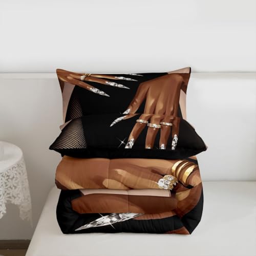 Image of Erosebridal African American Comforter Set Queen Size Black Woman Bedding Set for Women Girls Afro Magical Comforter Black Female Quilt Duvet for Teens Adult Melanin Bedroom Decor, 3 Piece